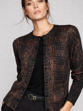 Animal print cotton rich (48%) cardigan, light and soft, two front pockets